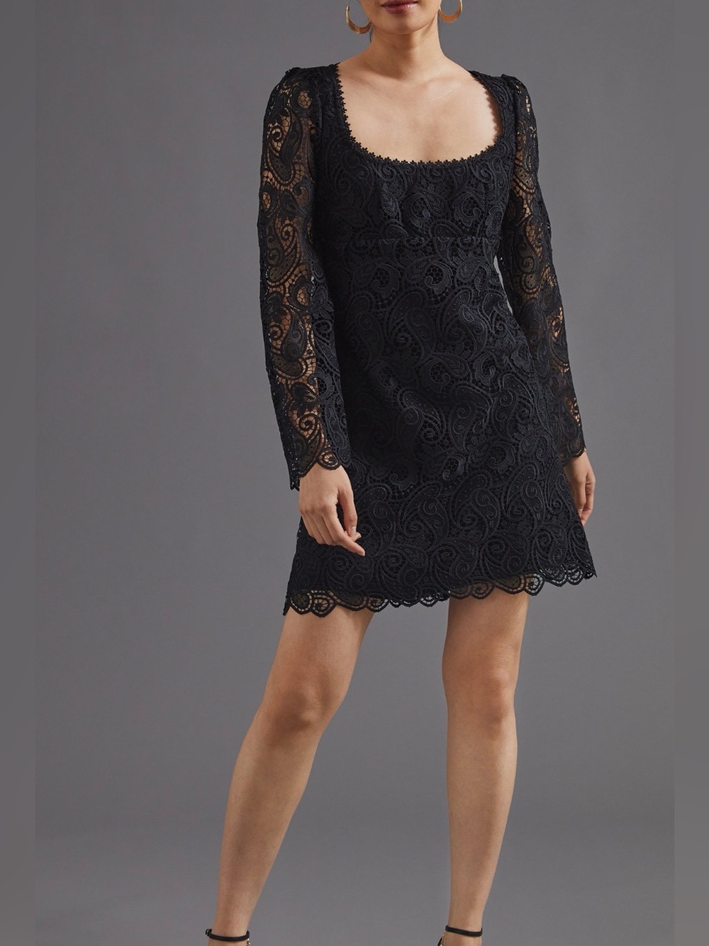 Maeve Embroidered Black Lace Long-Sleeve Dress